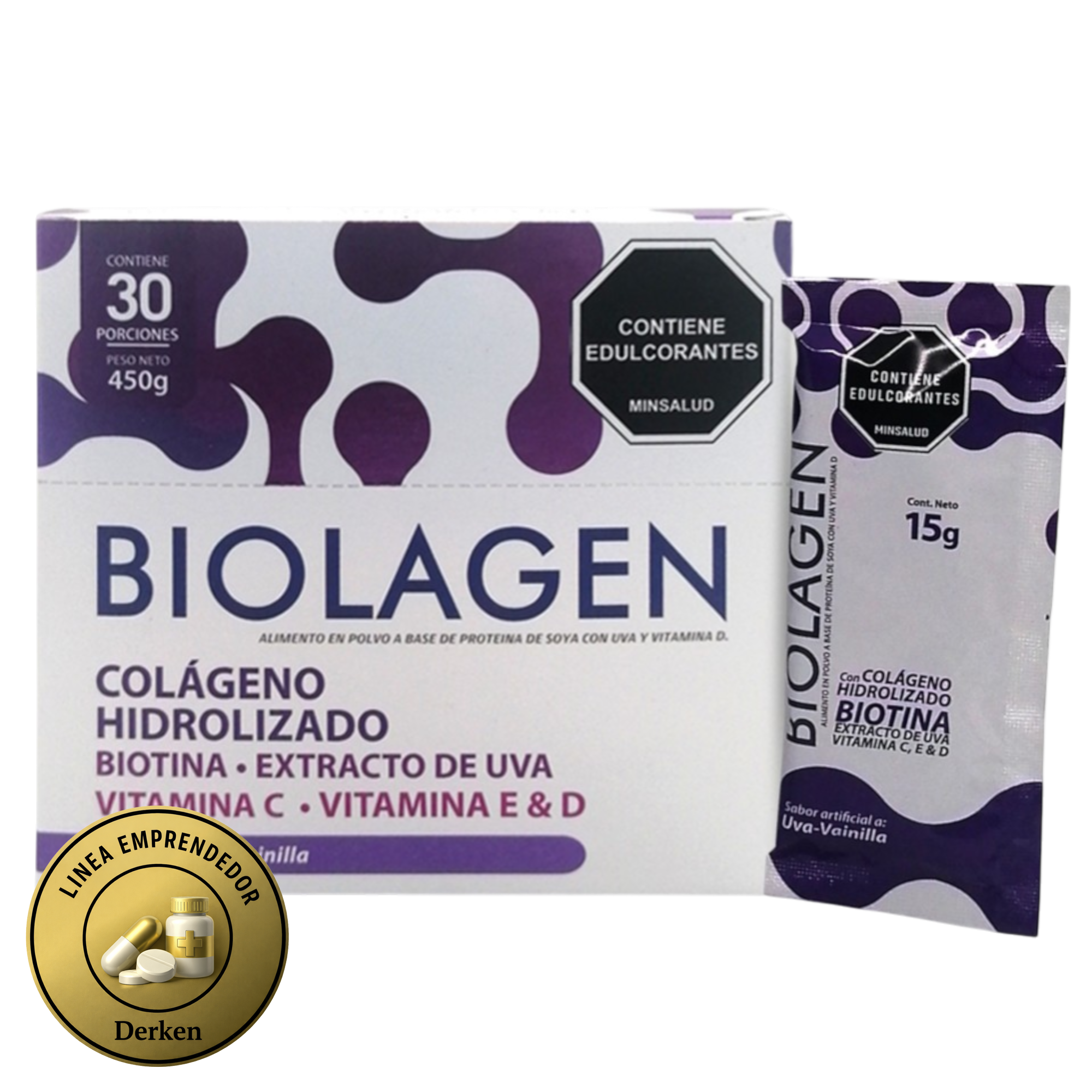 Biolagen Colágeno Hidrolizado Sin Azúcar – Sabor Uva y Vainilla | 30 Sachets | Pack x 6 unds
